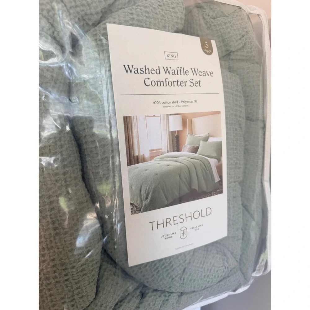 Threshold Waffle Weave Comforter Set King Sage Green 3pc Cotton‎ NWT